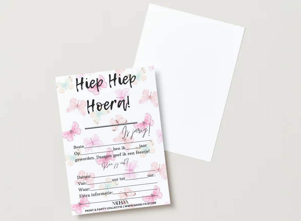 Uitnodiging vlinder Hiep Hiep Hoera, ik ben jarig! | Print & Party